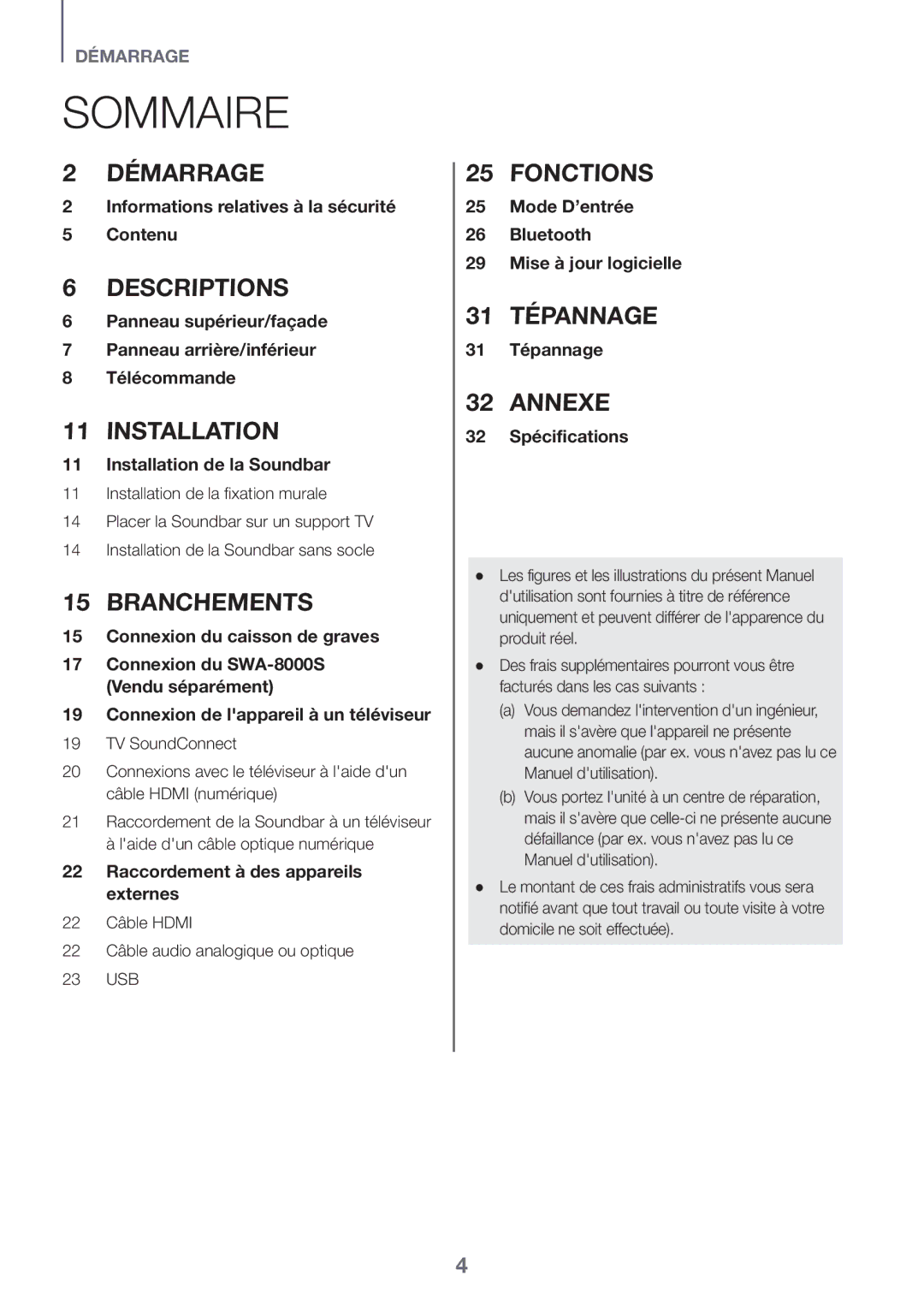 Samsung HW-J6000R/ZF, HW-J6001R/EN, HW-J6000R/EN, HW-J6001R/ZF manual Sommaire, Connexion du SWA-8000S Vendu séparément 