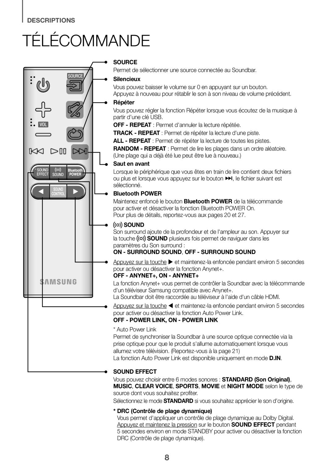 Samsung HW-J6001R/EN, HW-J6000R/EN, HW-J6001R/ZF, HW-J6000R/ZF, HW-J6001R/XN, HW-J6011R/XE, HW-J6010R/XE manual Télécommande 