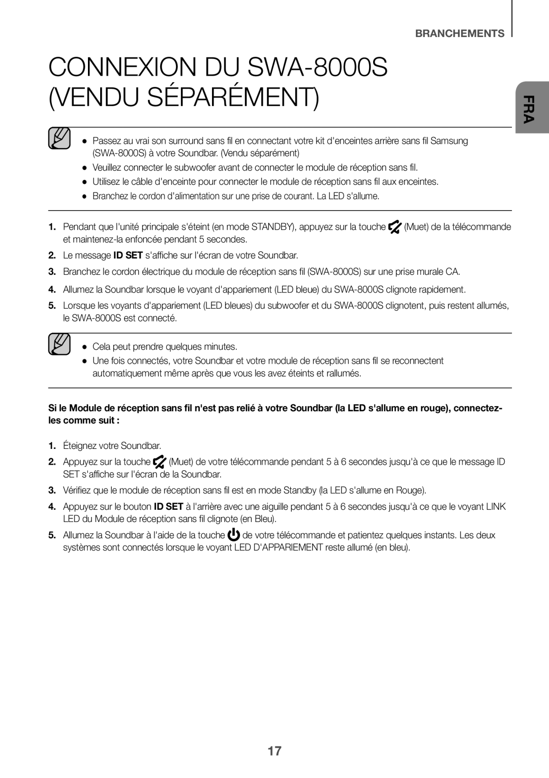 Samsung HW-J6001R/ZF, HW-J6001R/EN, HW-J6000R/EN, HW-J6000R/ZF, HW-J6001R/XN manual Connexion DU SWA-8000S Vendu Séparément 