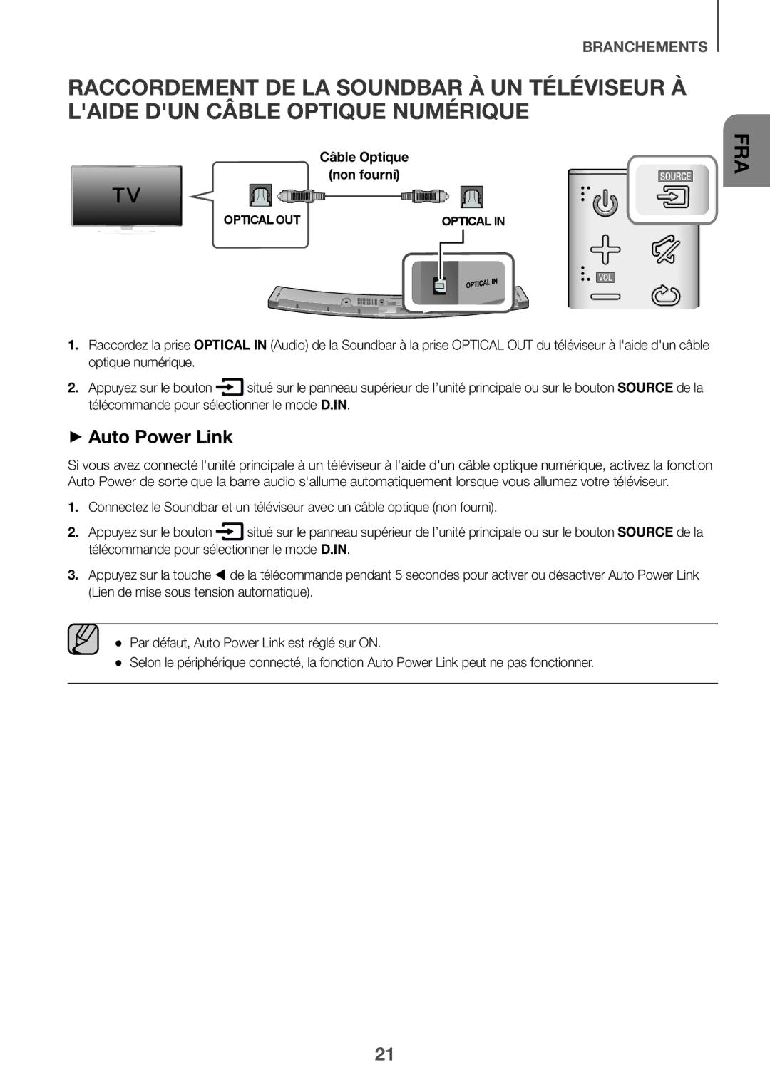 Samsung HW-J6010R/XE, HW-J6001R/EN, HW-J6000R/EN, HW-J6001R/ZF, HW-J6000R/ZF manual ++Auto Power Link, Câble Optique Non fourni 