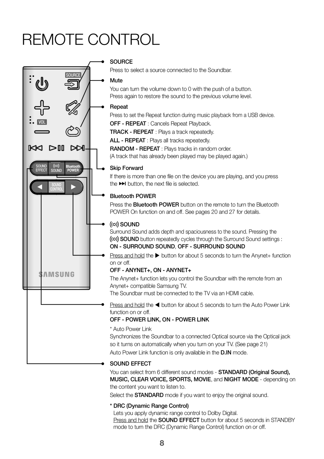 Samsung HW-J6000R/EN, HW-J6001R/EN manual Remote Control, Auto Power Link function is only available in the D.IN mode 