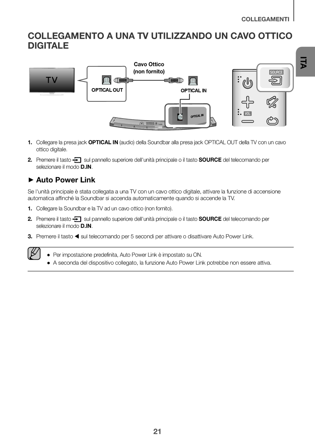 Samsung HW-J6011R/XE, HW-J6001R/EN manual Collegamento a UNA TV Utilizzando UN Cavo Ottico Digitale, Cavo Ottico non fornito 