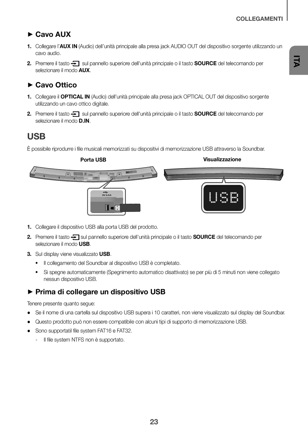 Samsung HW-J6001R/EN, HW-J6000R/EN manual ++Cavo AUX, ++Cavo Ottico, ++Prima di collegare un dispositivo USB, Porta USB 