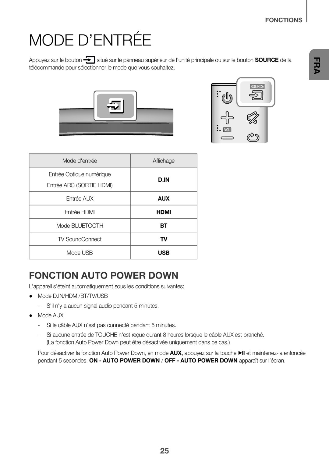 Samsung HW-J6000R/EN, HW-J6001R/EN, HW-J6001R/ZF manual Mode D’ENTRÉE, Fonction Auto Power Down, Mode dentrée Affichage 