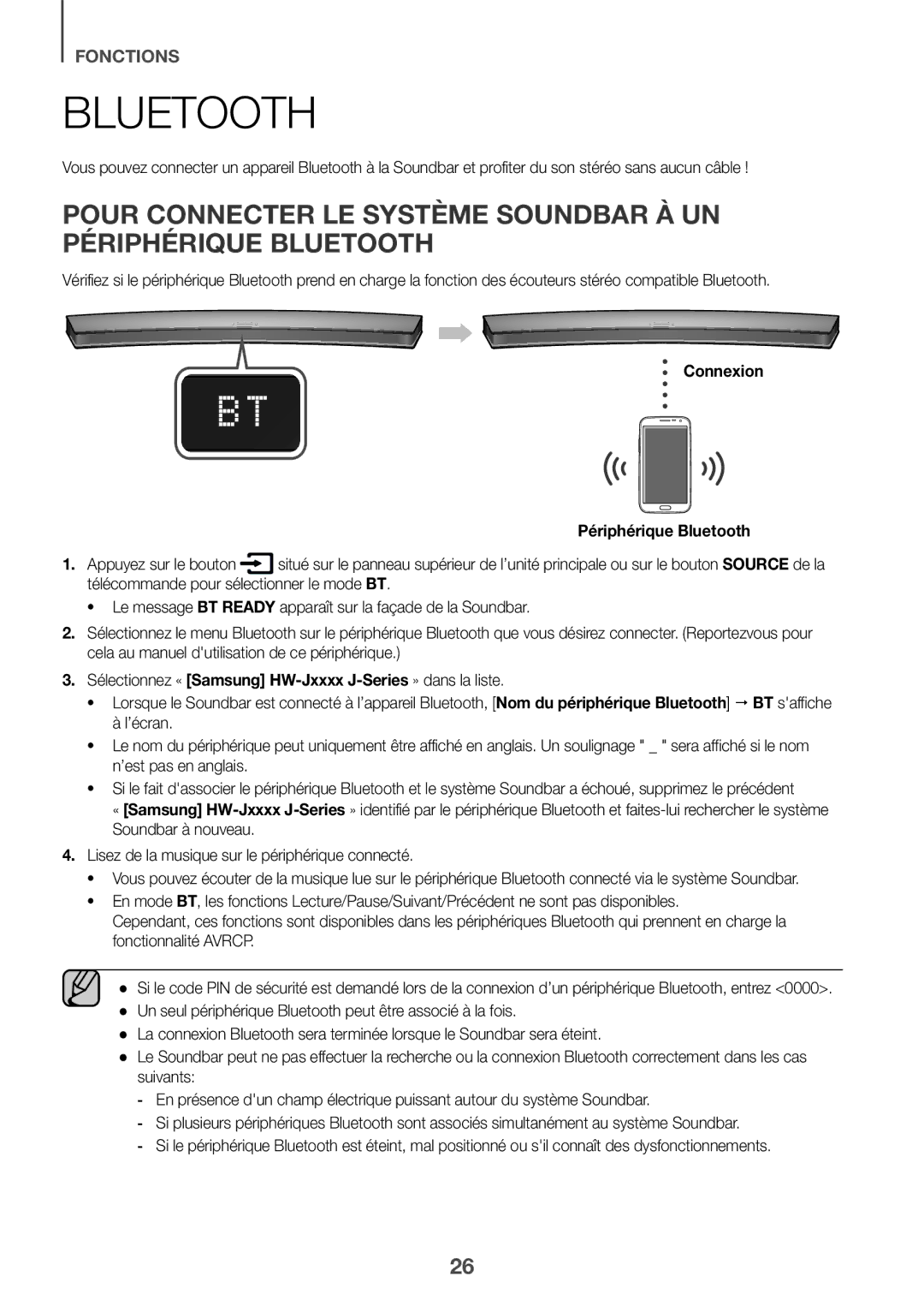 Samsung HW-J6001R/ZF, HW-J6001R/EN, HW-J6000R/EN, HW-J6000R/ZF manual Connexion Périphérique Bluetooth, Appuyez sur le bouton 