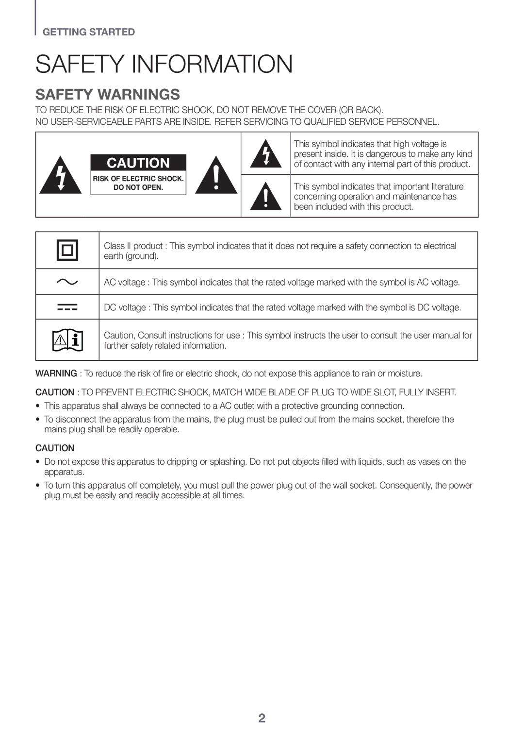 Samsung HW-J6001R/ZF, HW-J6001R/EN, HW-J6000R/EN, HW-J6000R/ZF, HW-J6001R/XN, HW-J6011R/XE Safety Information, Safety Warnings 