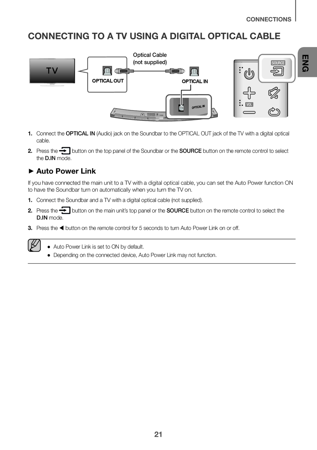 Samsung HW-J6001R/EN manual Connecting to a TV Using a Digital Optical Cable, ++Auto Power Link, Optical Cable not supplied 