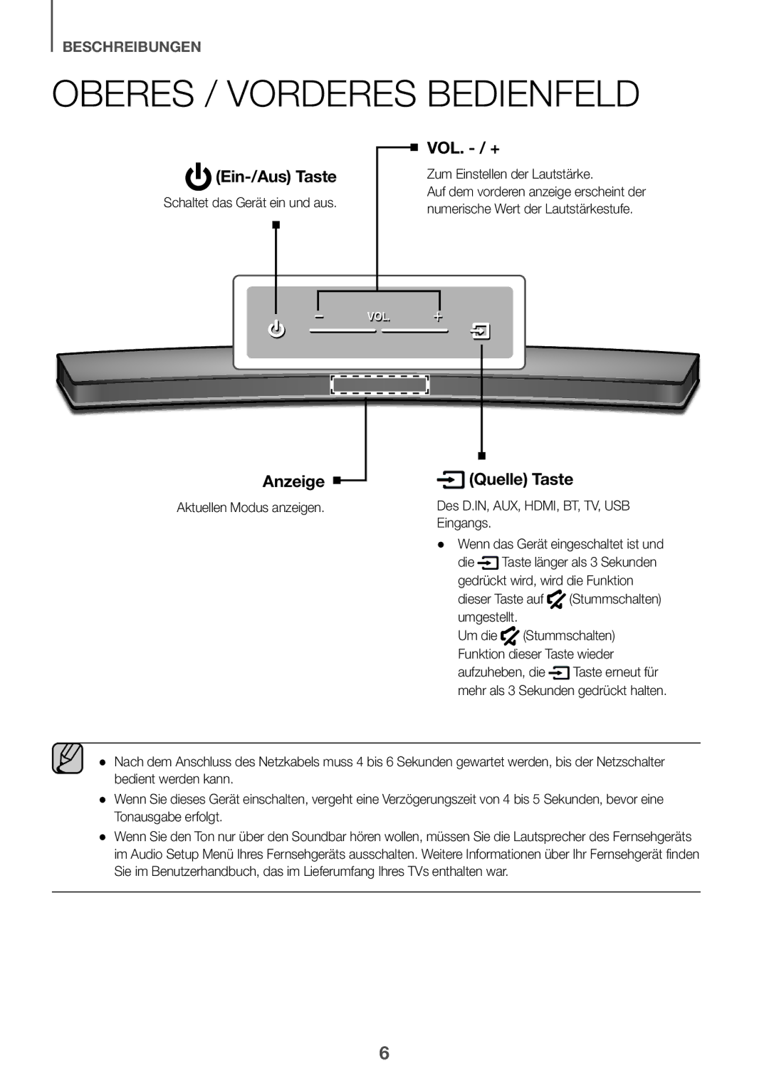 Samsung HW-J6011R/XE manual Oberes / Vorderes bedienfeld, Schaltet das Gerät ein und aus, Zum Einstellen der Lautstärke 