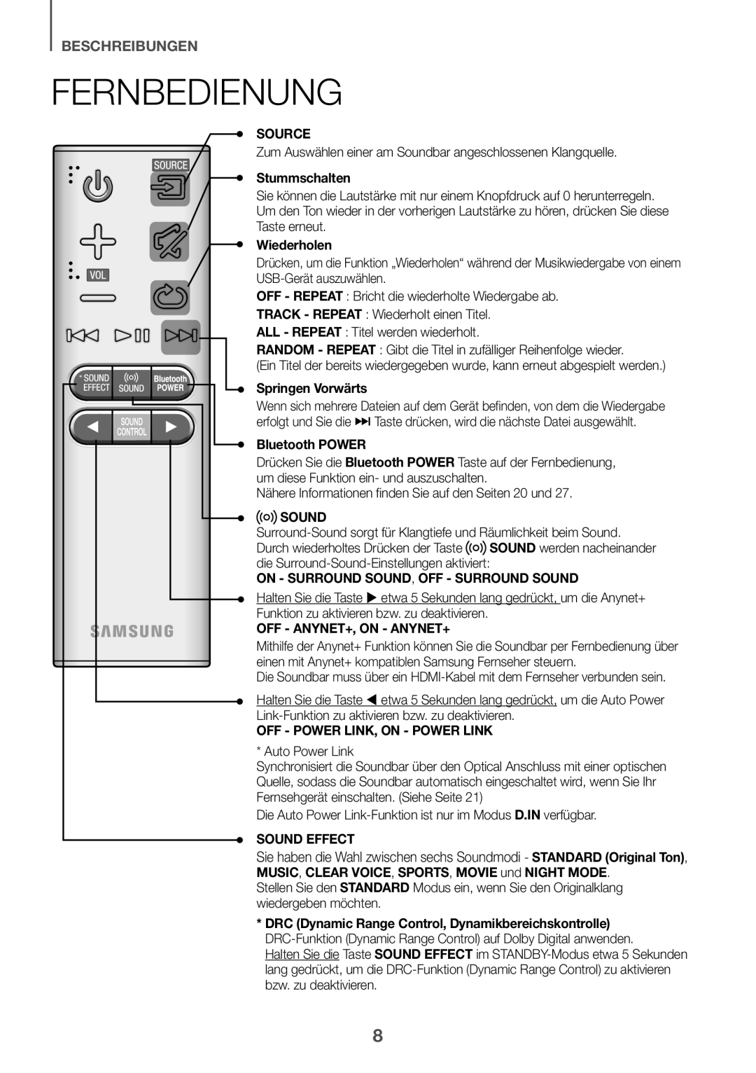 Samsung HW-J6001R/EN, HW-J6000R/EN, HW-J6001R/ZF, HW-J6000R/ZF, HW-J6001R/XN, HW-J6011R/XE, HW-J6010R/XE manual Fernbedienung 