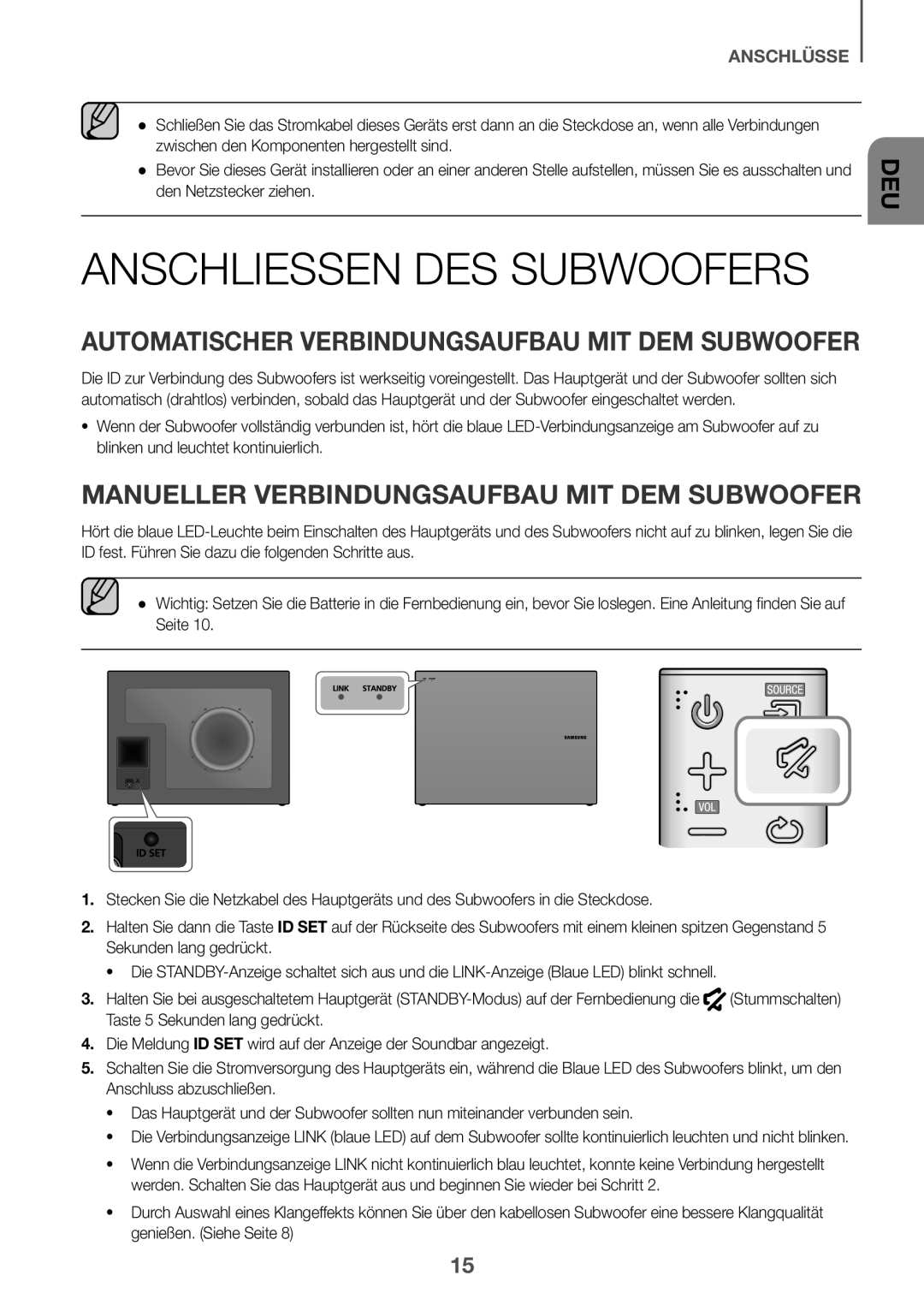 Samsung HW-J6001R/EN, HW-J6000R/EN manual AnschlieSSen des Subwoofers, Automatischer Verbindungsaufbau mit dem Subwoofer 