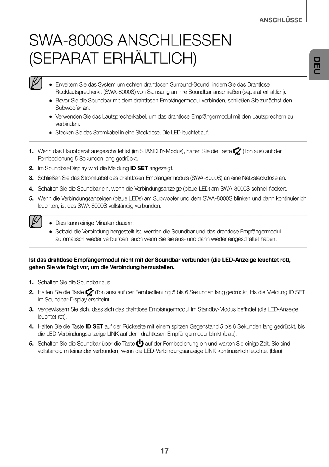 Samsung HW-J6001R/ZF, HW-J6001R/EN, HW-J6000R/EN, HW-J6000R/ZF, HW-J6001R/XN manual SWA-8000S anschlieSSen separat erhältlich 