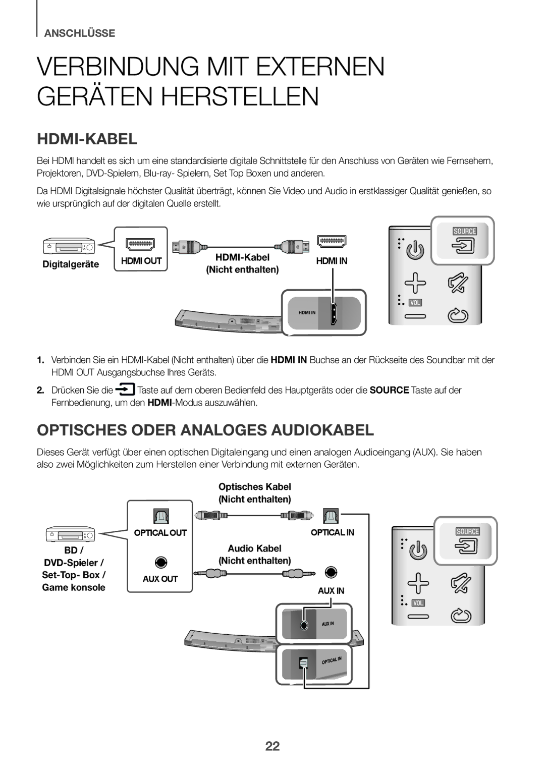 Samsung HW-J6001R/EN manual Verbindung mit externen Geräten herstellen, HDMI-Kabel, Optisches oder analoges Audiokabel 