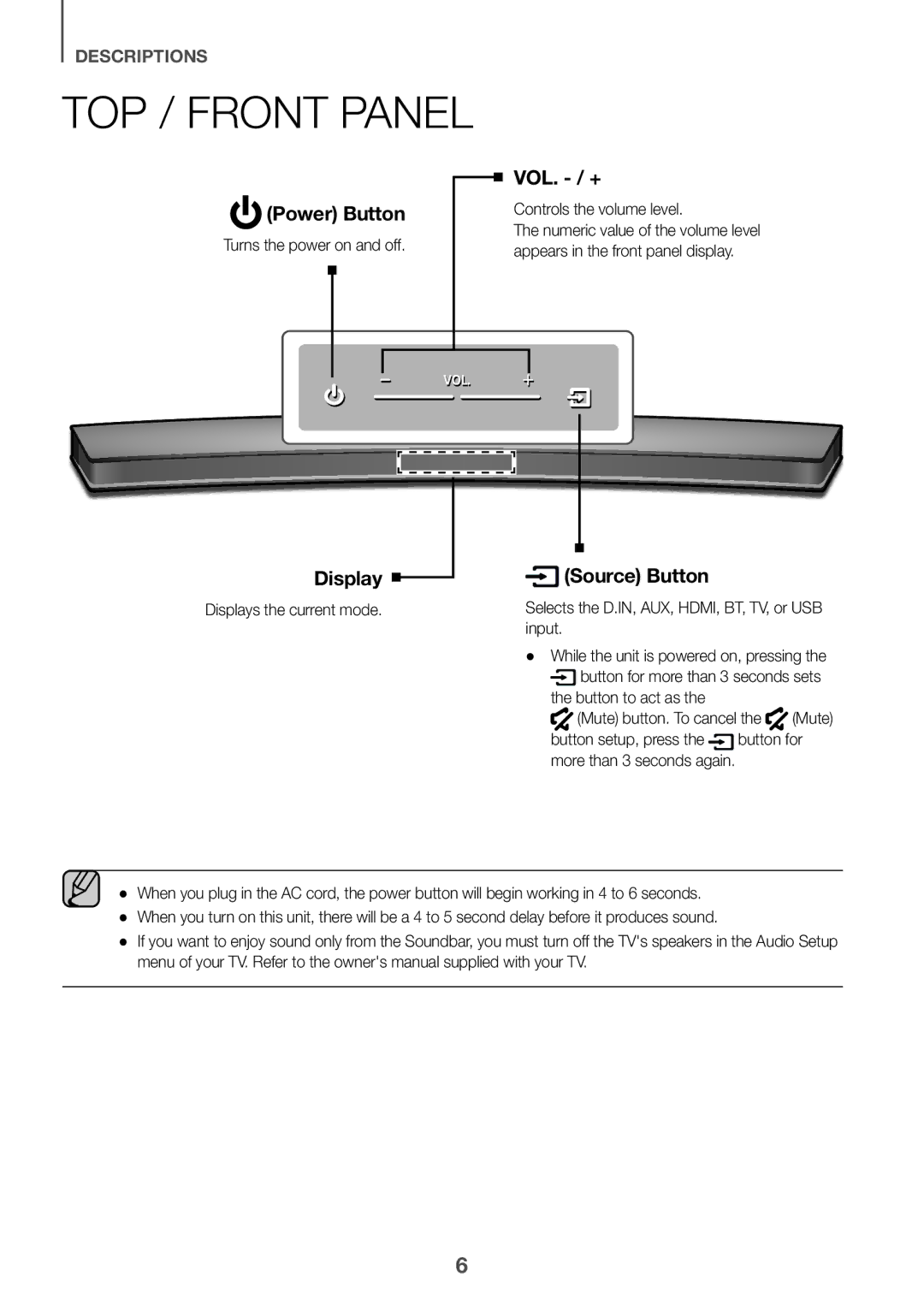 Samsung HW-J6010R/XE, HW-J6001R/EN manual Turns the power on and off, Controls the volume level, Displays the current mode 