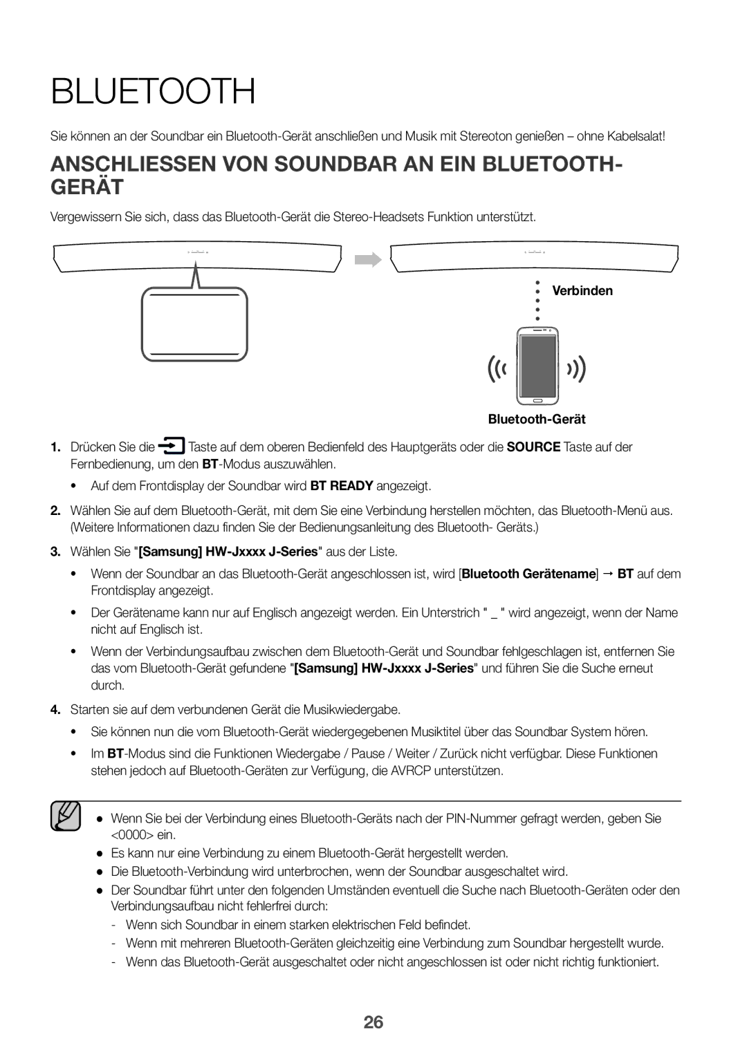 Samsung HW-J6001R/XN, HW-J6001R/EN AnschlieSSen von Soundbar an ein Bluetooth- Gerät, Drücken Sie die, Bluetooth-Gerät 