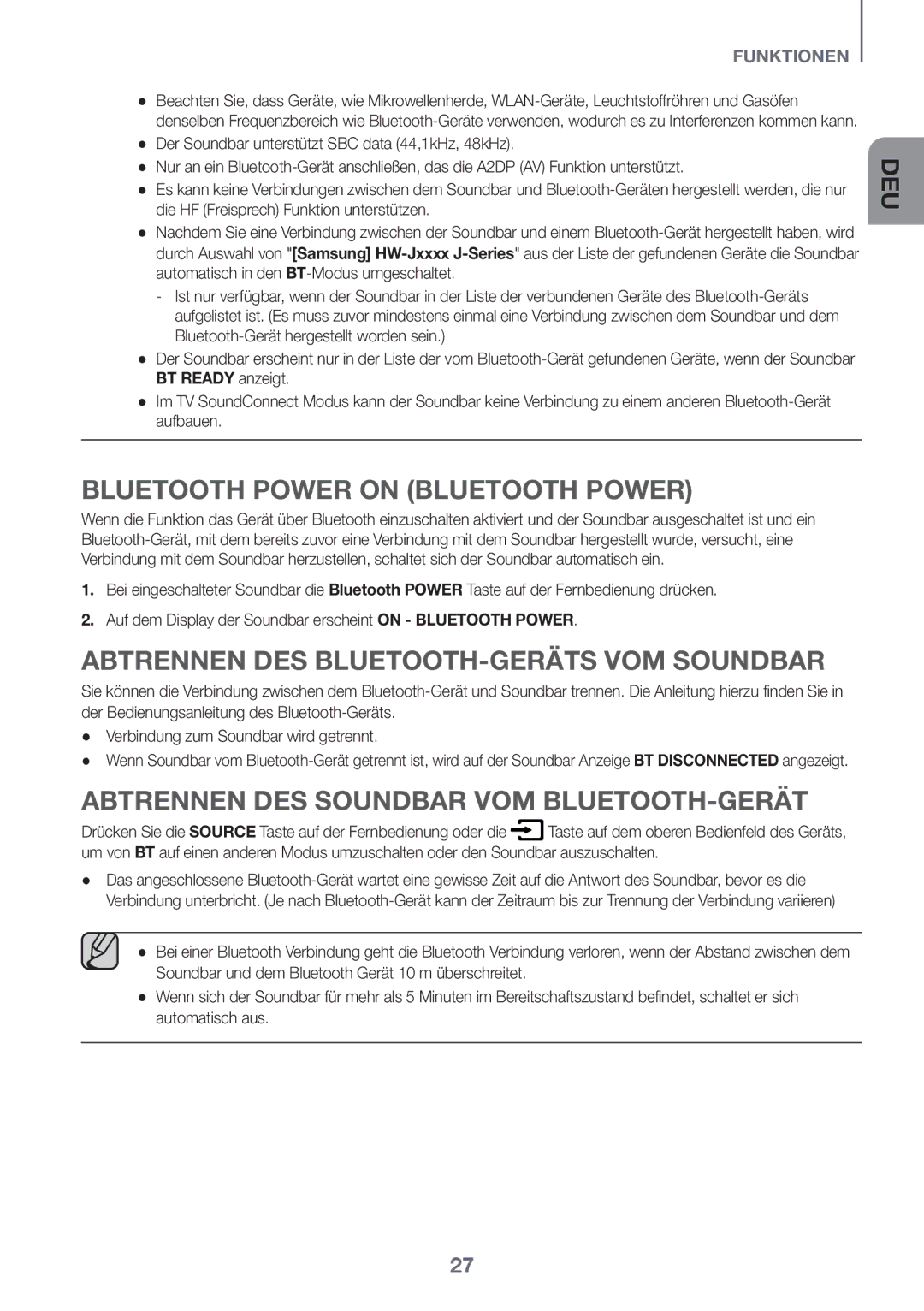 Samsung HW-J6011R/XE, HW-J6001R/EN manual Bluetooth Power On Bluetooth Power, Abtrennen des Bluetooth-Geräts vom Soundbar 