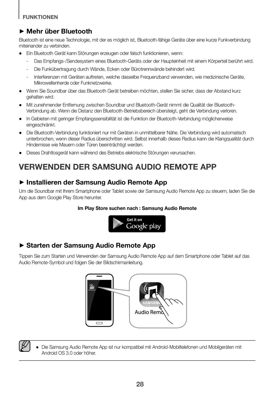 Samsung HW-J6010R/XE, HW-J6001R/EN, HW-J6000R/EN, HW-J6001R/ZF ++Mehr über Bluetooth, ++Starten der Samsung Audio Remote App 