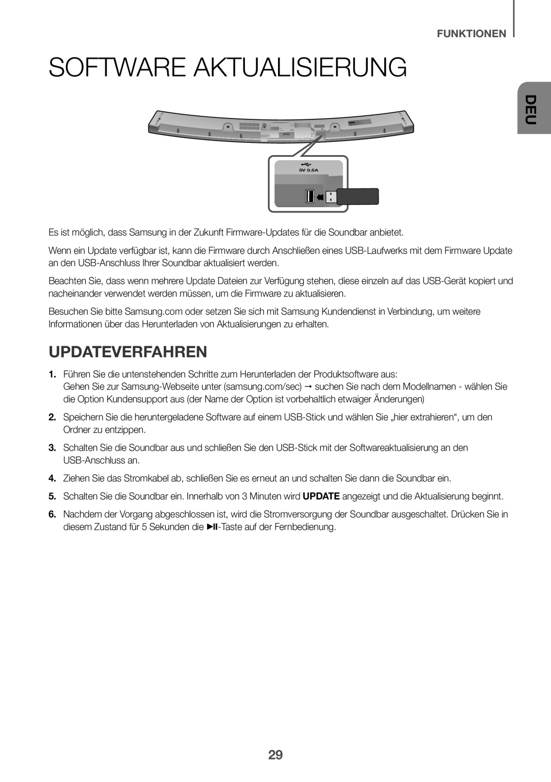 Samsung HW-J6001R/EN, HW-J6000R/EN, HW-J6001R/ZF, HW-J6000R/ZF, HW-J6001R/XN manual Software aktualisierung, Updateverfahren 