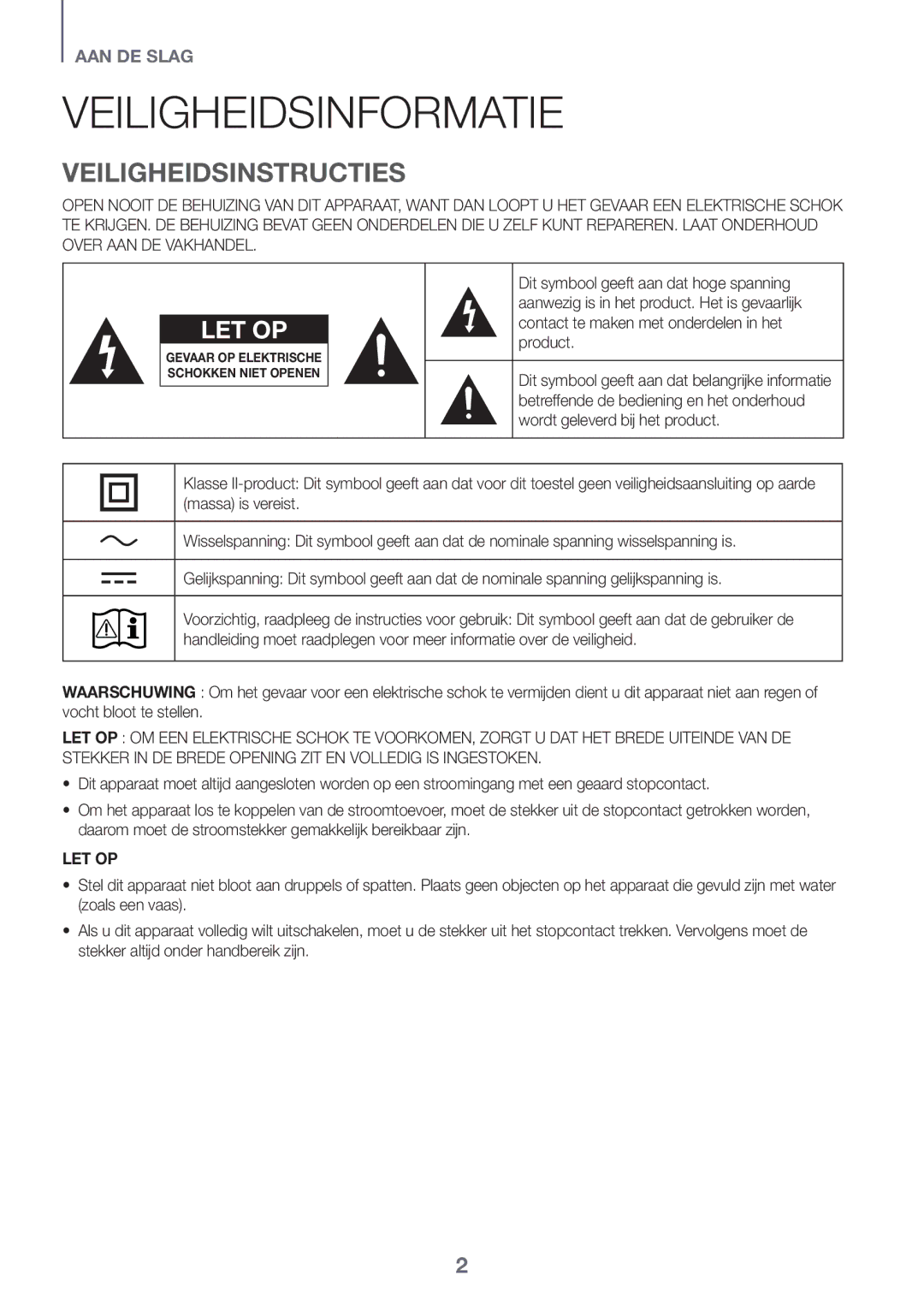 Samsung HW-J6001R/EN, HW-J6000R/EN, HW-J6001R/ZF, HW-J6000R/ZF, HW-J6001R/XN Veiligheidsinformatie, Veiligheidsinstructies 