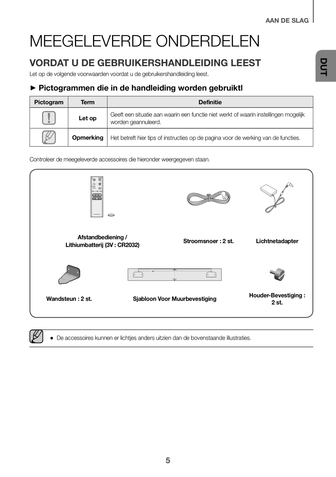 Samsung HW-J6000R/ZF, HW-J6001R/EN, HW-J6000R/EN manual Meegeleverde onderdelen, Vordat u de gebruikershandleiding leest 