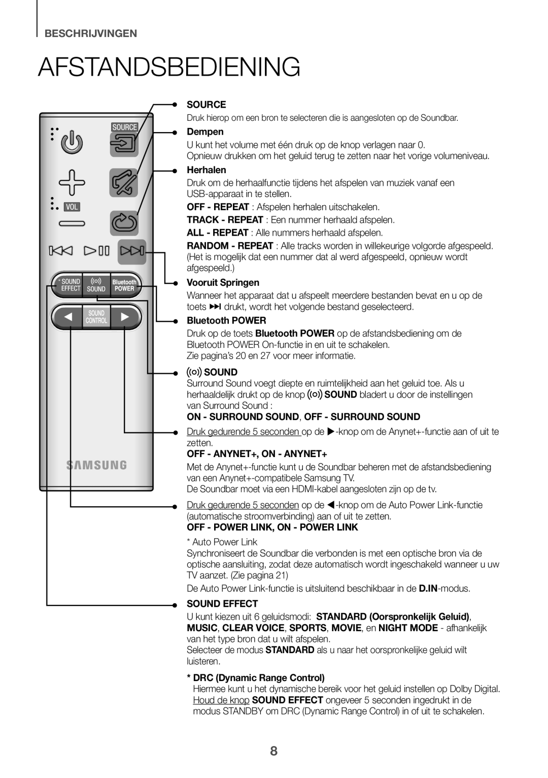 Samsung HW-J6010R/XE, HW-J6001R/EN manual Afstandsbediening, Dempen, Herhalen, Vooruit Springen, DRC Dynamic Range Control 