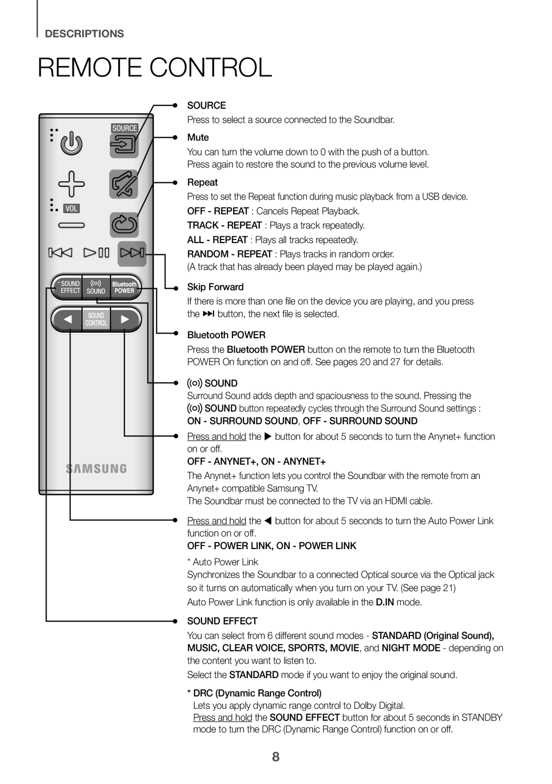 Samsung HW-J6000R/EN, HW-J6001R/EN manual Remote Control, Auto Power Link function is only available in the D.IN mode 