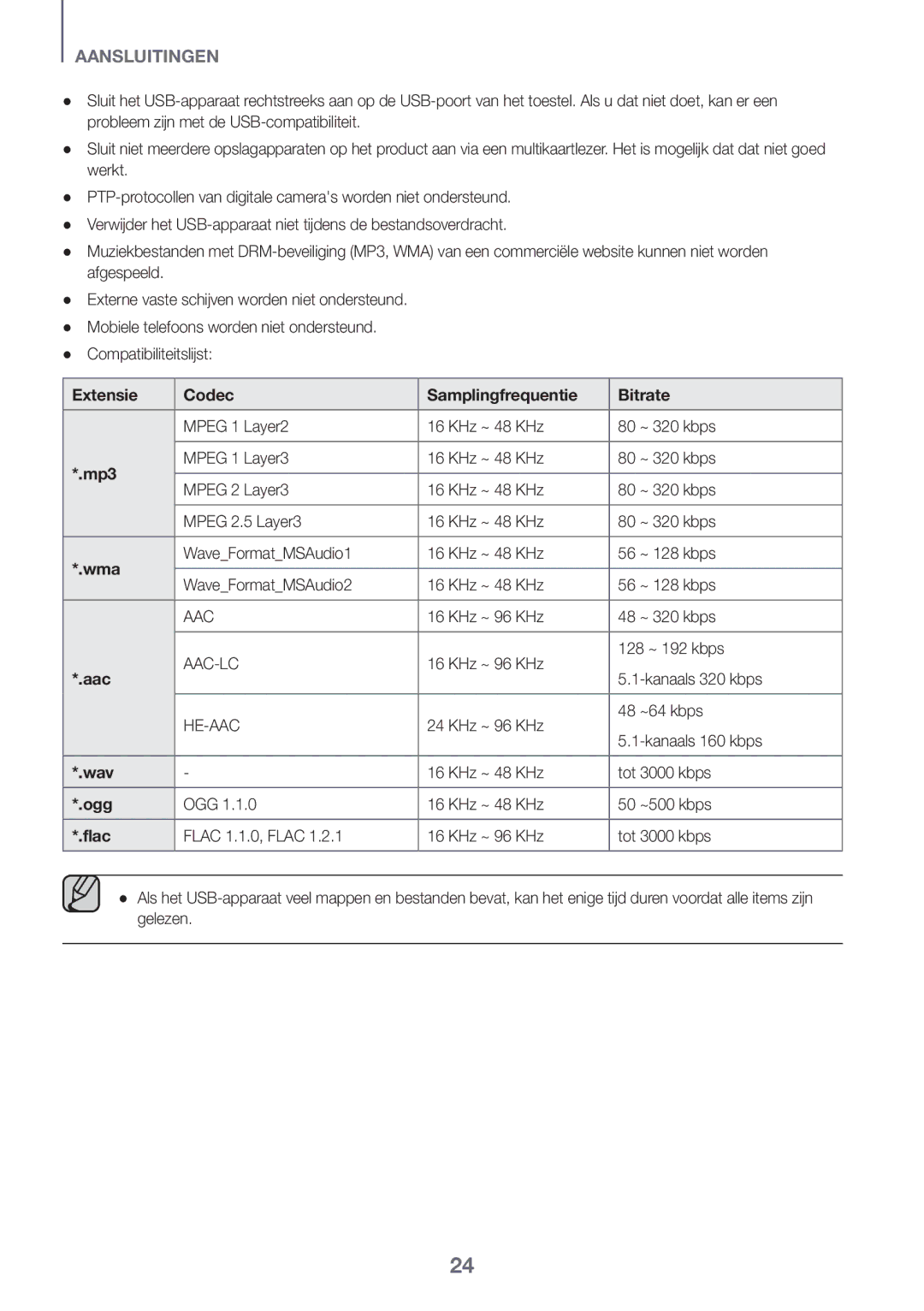 Samsung HW-J6000R/EN, HW-J6001R/EN, HW-J6001R/ZF, HW-J6000R/ZF, HW-J6001R/XN manual Extensie Codec Samplingfrequentie Bitrate 