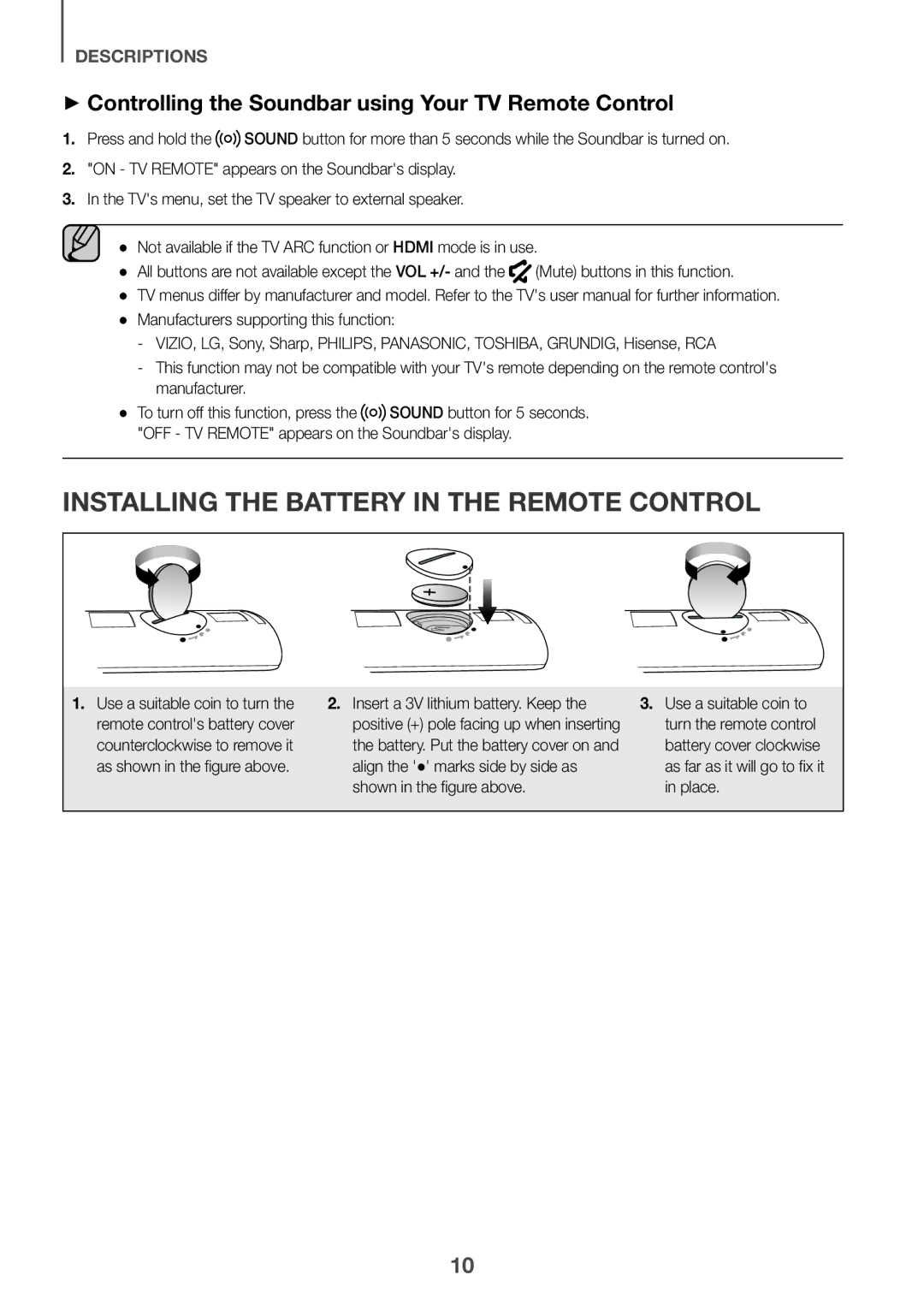 Samsung HW-J6000R/ZF Installing the Battery in the Remote Control, ++Controlling the Soundbar using Your TV Remote Control 