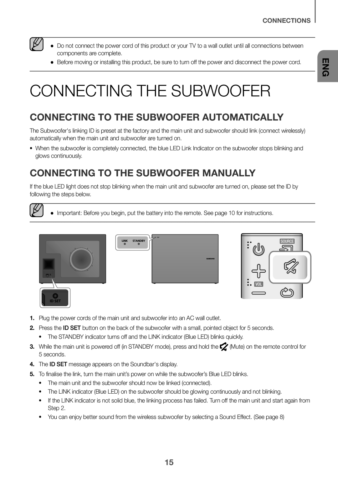 Samsung HW-J6000R/EN, HW-J6001R/EN, HW-J6001R/ZF manual Connecting the Subwoofer, Connecting to the Subwoofer Automatically 