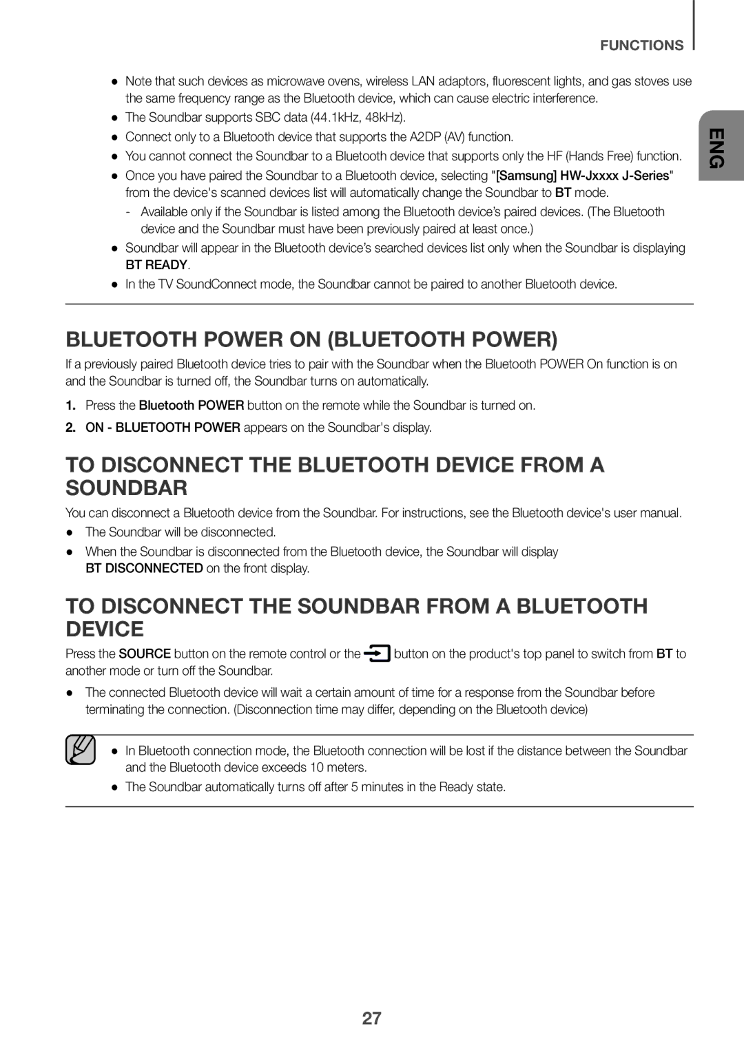 Samsung HW-J6010R/XE, HW-J6001R/EN Bluetooth Power on Bluetooth Power, To Disconnect the Bluetooth Device from a Soundbar 