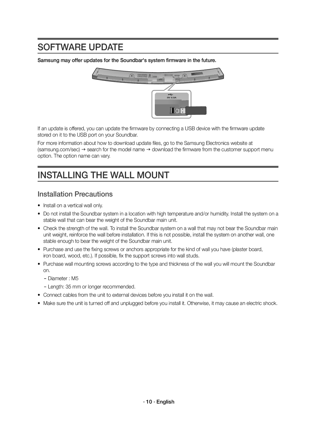 Samsung HW-J6001R/ZF, HW-J6001R/EN Software Update, Installing the Wall Mount, Installation Precautions, · 10 · English 