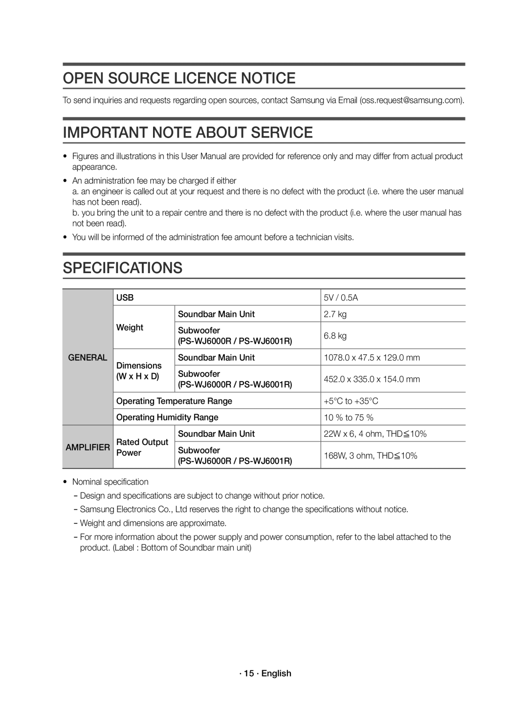 Samsung HW-J6000R/ZF manual Open Source Licence Notice, Important Note about Service, Specifications, Usb, Amplifier 