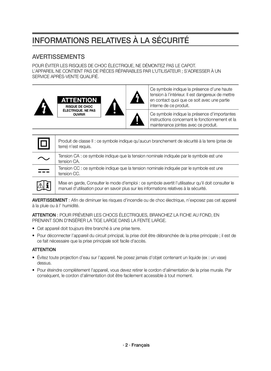 Samsung HW-J6000R/EN, HW-J6001R/EN, HW-J6001R/ZF, HW-J6000R/ZF manual Informations Relatives À LA Sécurité, Avertissements 