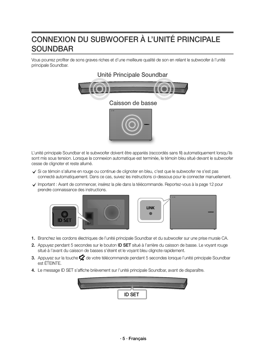 Samsung HW-J6001R/EN Connexion DU Subwoofer À L’UNITÉ Principale Soundbar, Unité Principale Soundbar Caisson de basse 