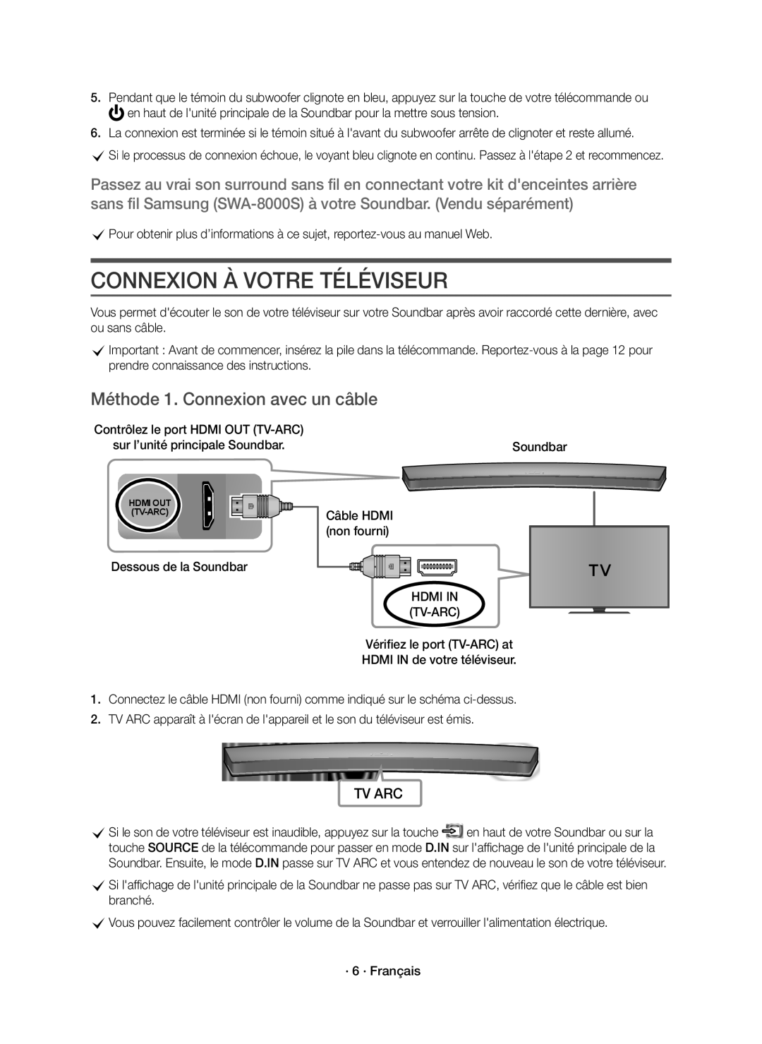 Samsung HW-J6000R/EN, HW-J6001R/EN, HW-J6001R/ZF manual Connexion À Votre Téléviseur, Méthode 1. Connexion avec un câble 