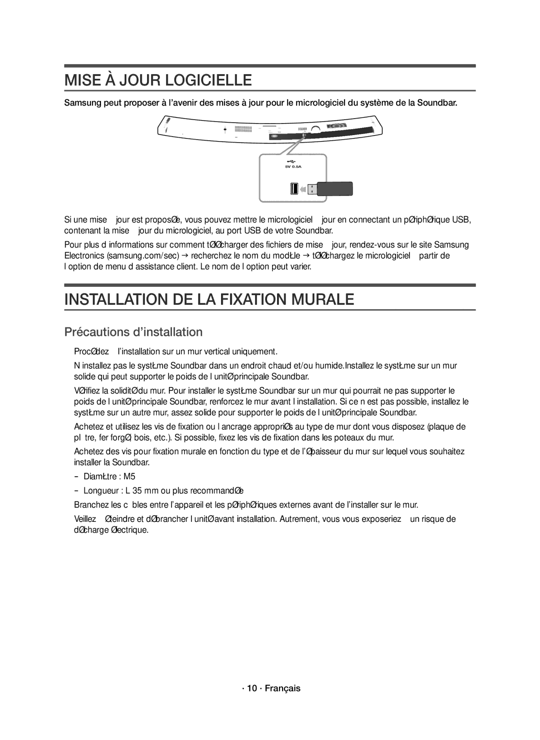 Samsung HW-J6000R/EN, HW-J6001R/EN Mise À Jour Logicielle, Installation DE LA Fixation Murale, Précautions d’installation 