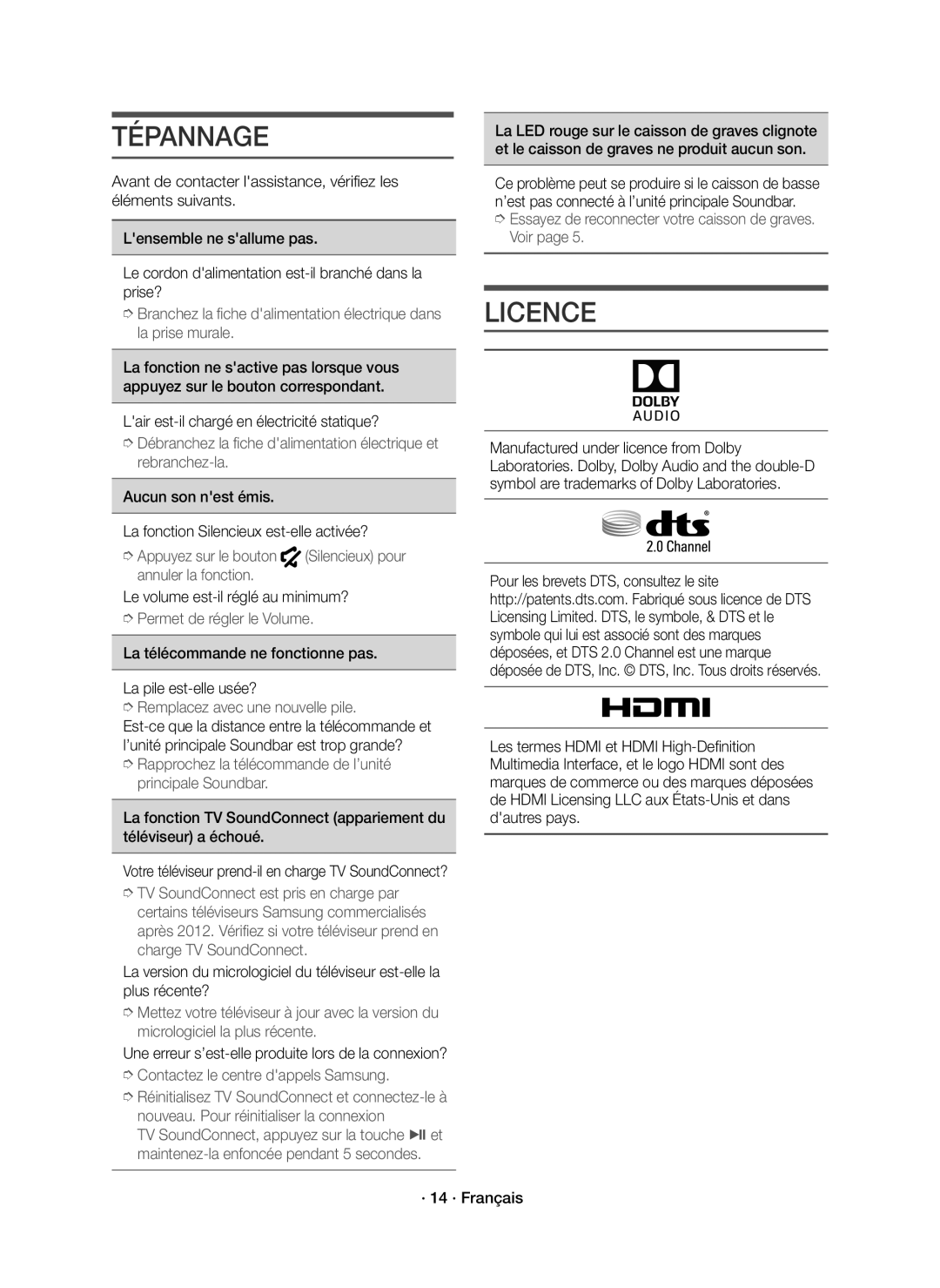 Samsung HW-J6000R/EN manual Tépannage, Lair est-il chargé en électricité statique?, Le volume est-il réglé au minimum? 