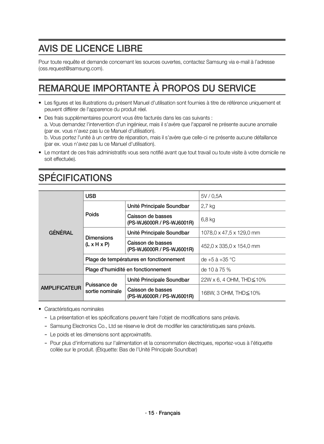 Samsung HW-J6001R/ZF manual Avis DE Licence Libre, Remarque Importante À Propos DU Service, Spécifications, Amplificateur 