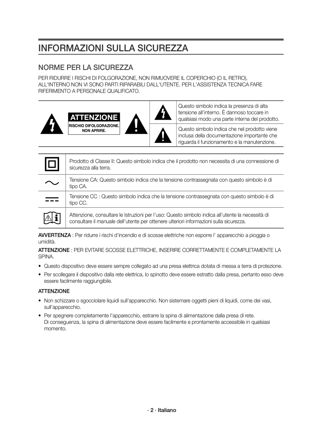 Samsung HW-J6001R/EN, HW-J6000R/EN, HW-J6001R/ZF, HW-J6000R/ZF manual Informazioni Sulla Sicurezza, Attenzione 