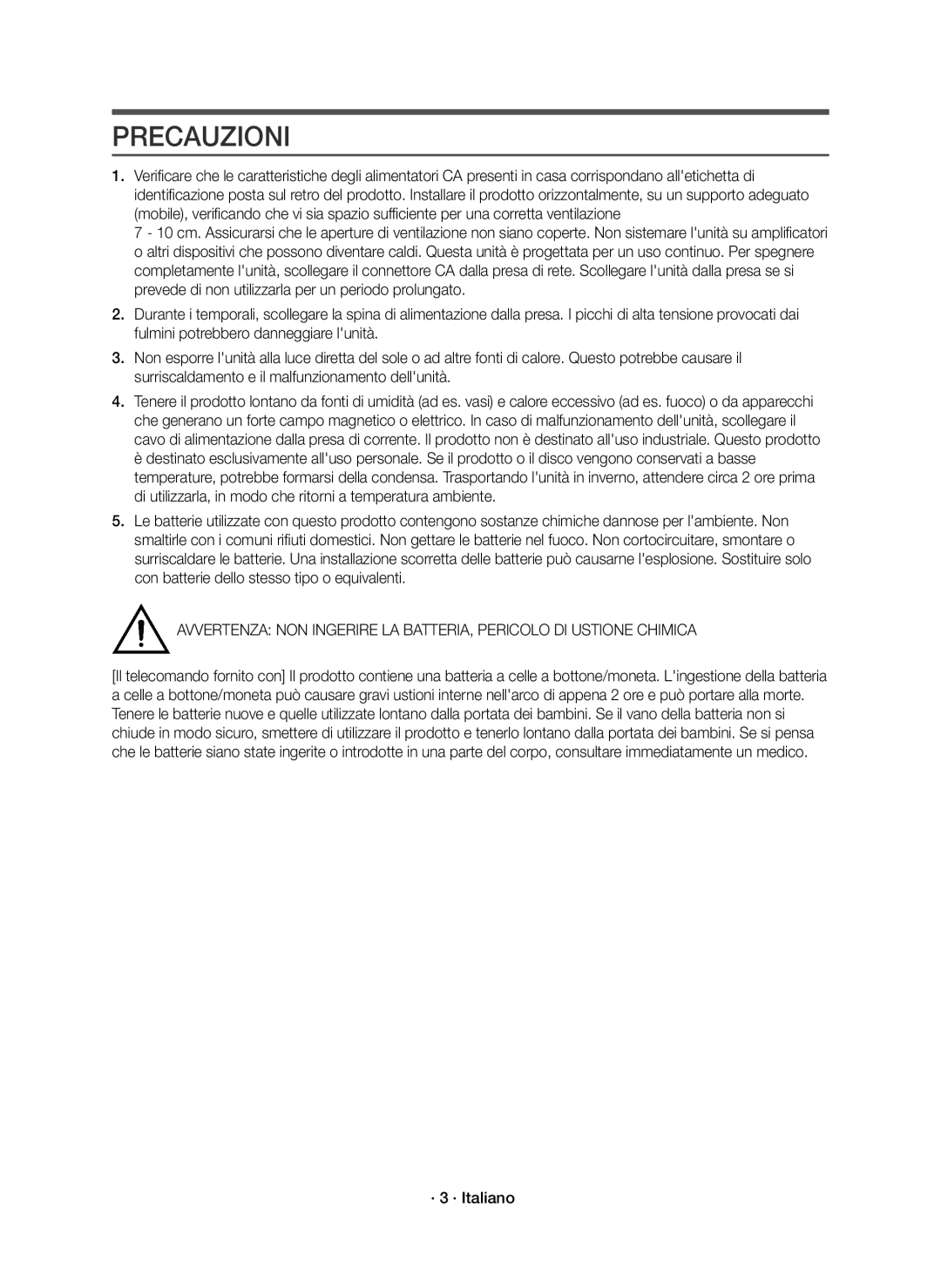 Samsung HW-J6000R/EN, HW-J6001R/EN, HW-J6001R/ZF, HW-J6000R/ZF manual Precauzioni, · 3 · Italiano 