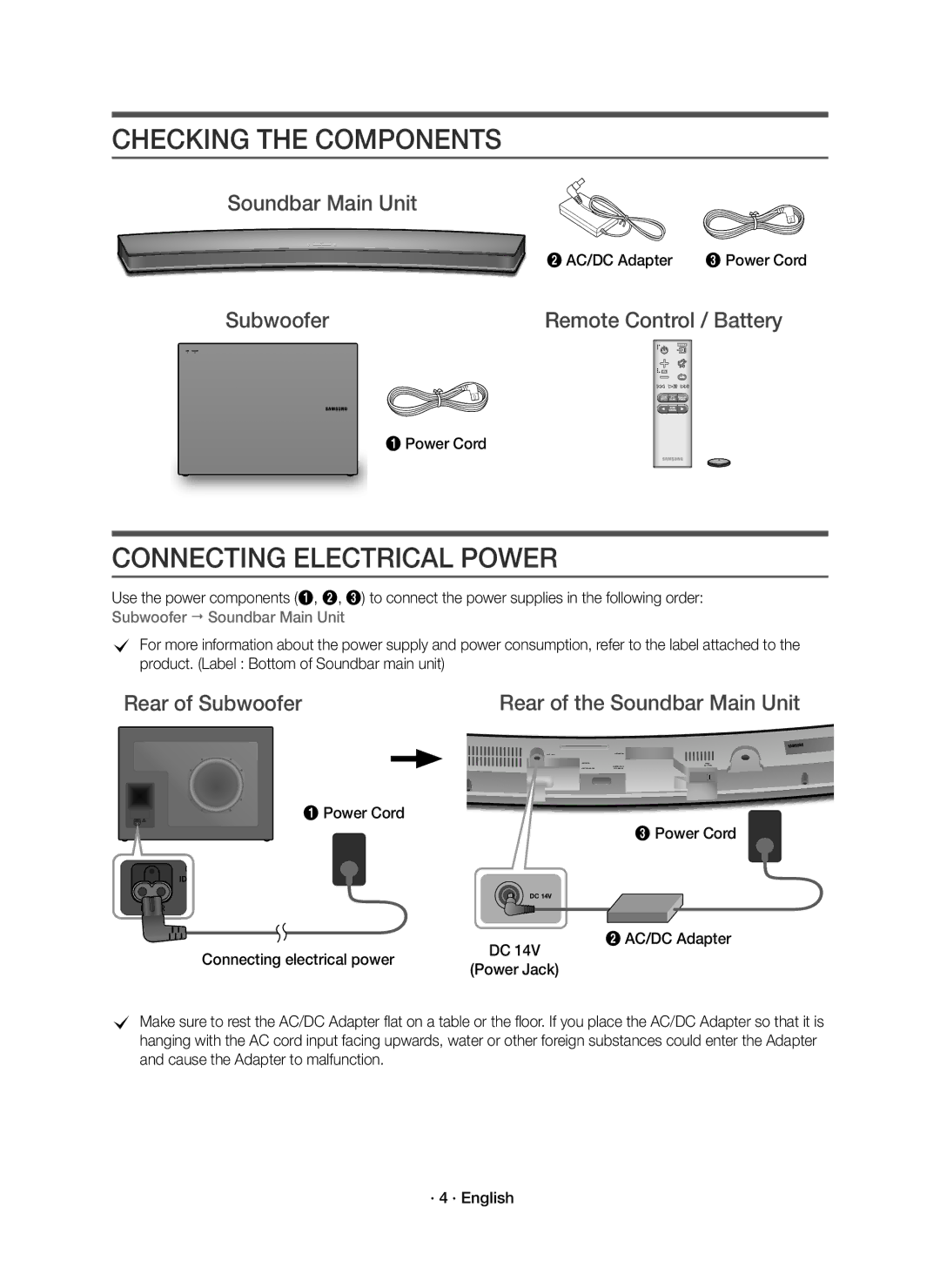 Samsung HW-J6001R/EN, HW-J6000R/EN Checking the Components, Connecting Electrical Power, Soundbar Main Unit, Power Cord 