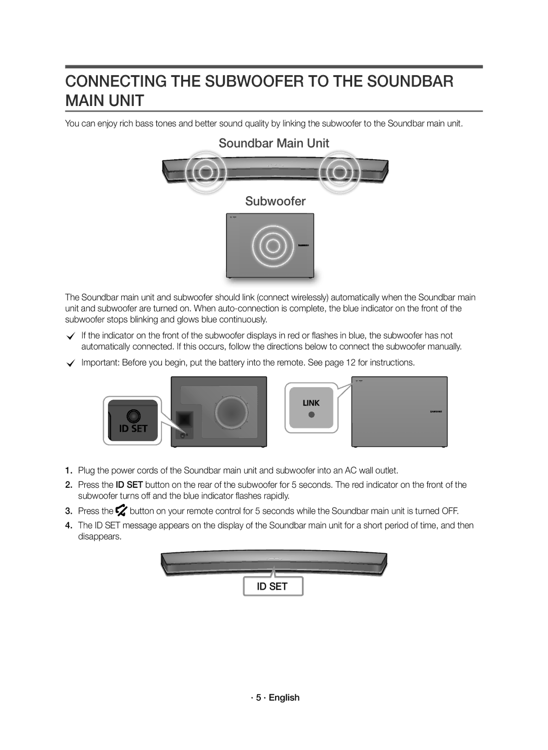 Samsung HW-J6000R/EN manual Connecting the Subwoofer to the Soundbar Main Unit, Soundbar Main Unit Subwoofer, · 5 · English 