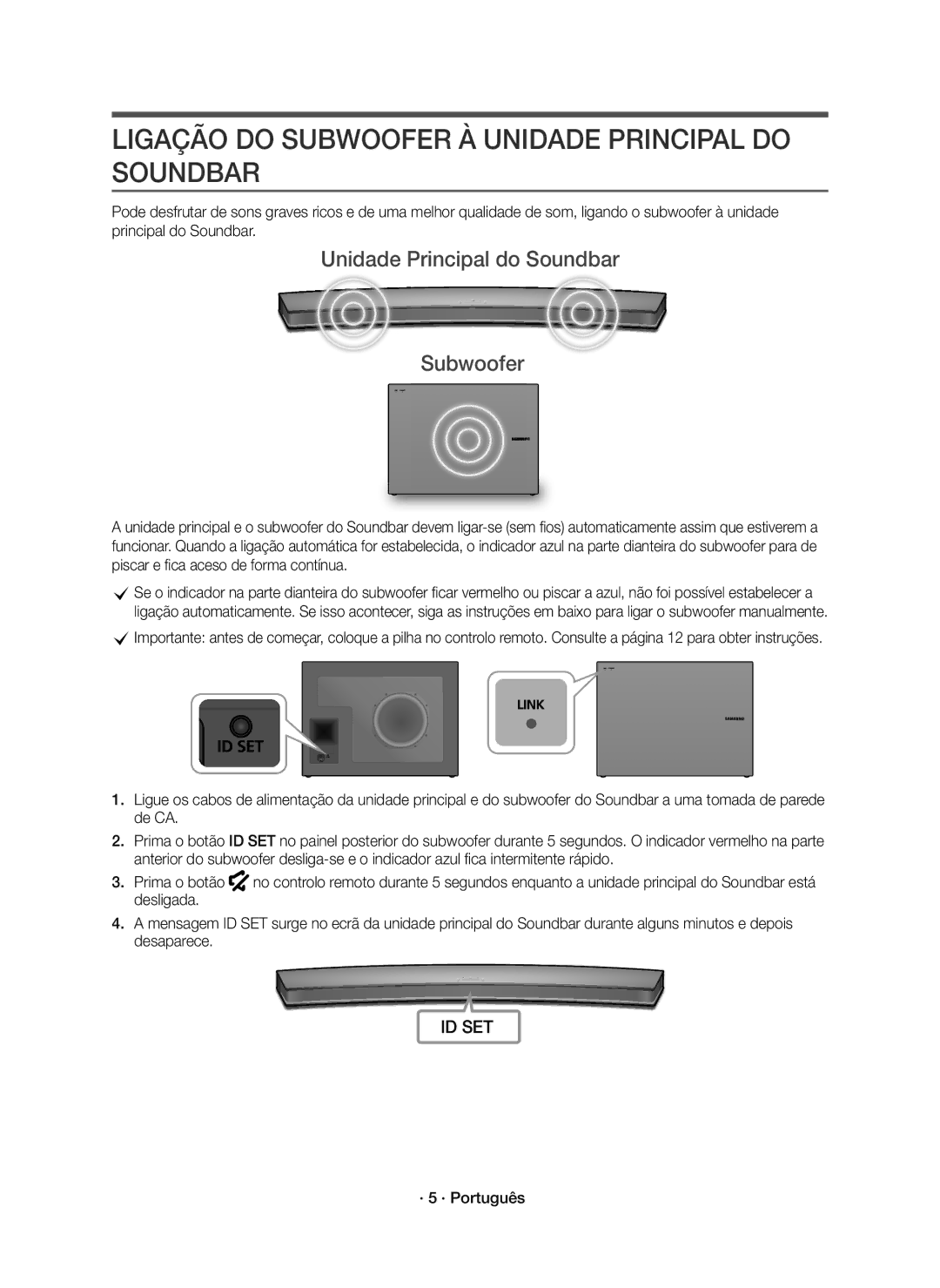 Samsung HW-J6001R/ZF manual Ligação do Subwoofer À Unidade Principal do Soundbar, Unidade Principal do Soundbar Subwoofer 