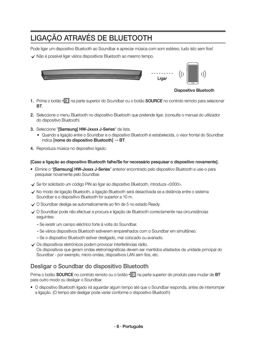 Samsung HW-J6000R/EN, HW-J6001R/EN, HW-J6001R/ZF Ligação Através DE Bluetooth, Desligar o Soundbar do dispositivo Bluetooth 