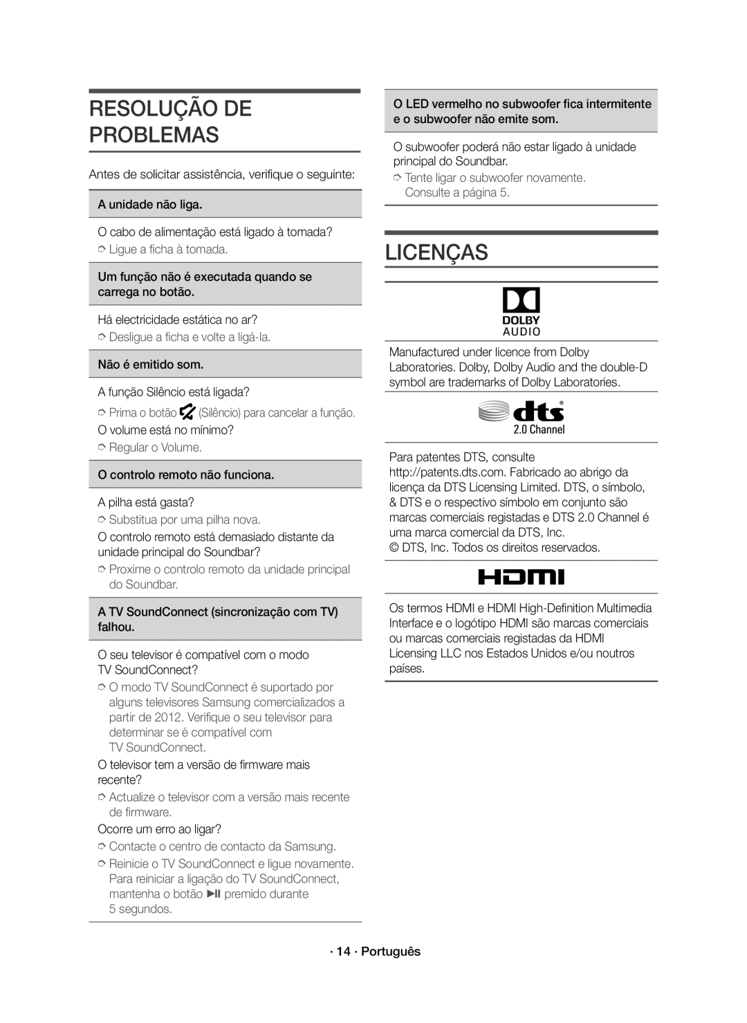 Samsung HW-J6000R/ZF, HW-J6001R/EN, HW-J6000R/EN, HW-J6001R/ZF manual Resolução DE Problemas, Licenças 