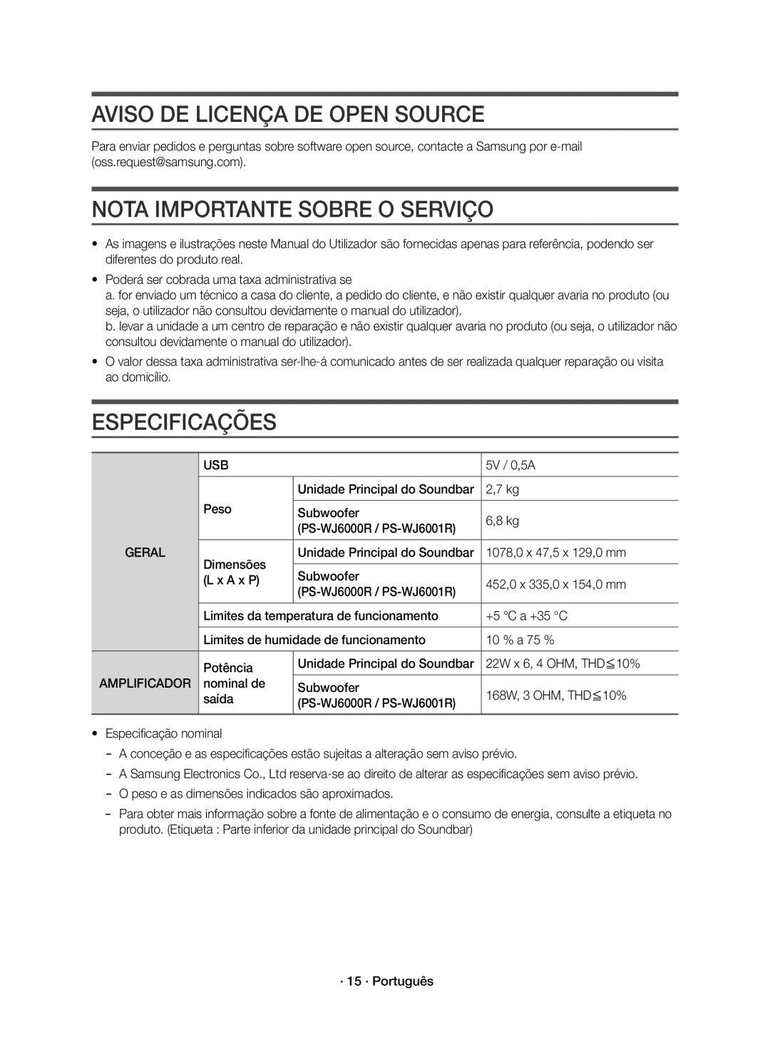 Samsung HW-J6001R/EN manual Aviso DE Licença DE Open Source, Nota Importante Sobre O Serviço, Especificações, Amplificador 