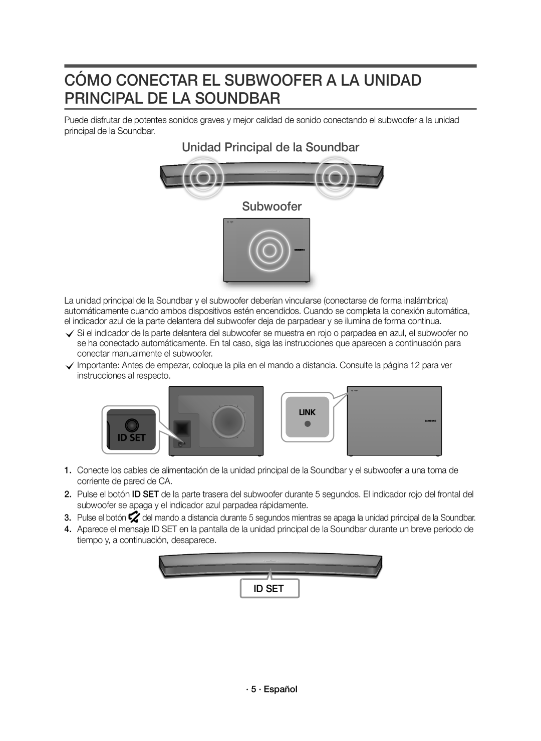 Samsung HW-J6000R/EN, HW-J6001R/EN, HW-J6001R/ZF, HW-J6000R/ZF manual Unidad Principal de la Soundbar Subwoofer, · 5 · Español 