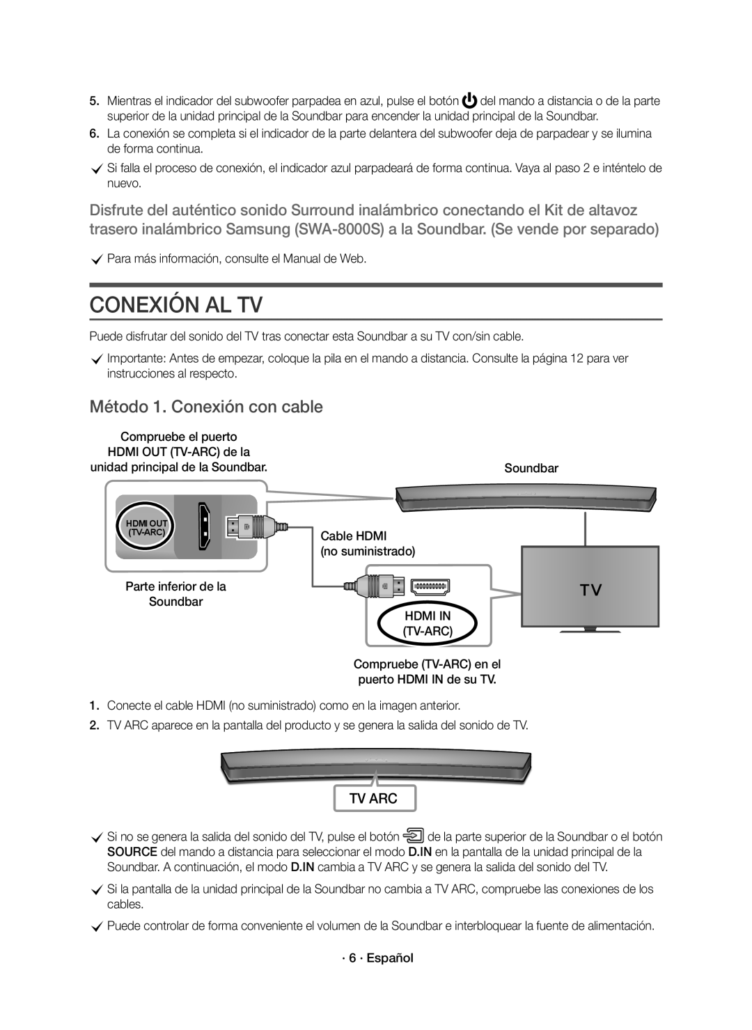 Samsung HW-J6001R/ZF manual Conexión AL TV, Método 1. Conexión con cable, CPara más información, consulte el Manual de Web 