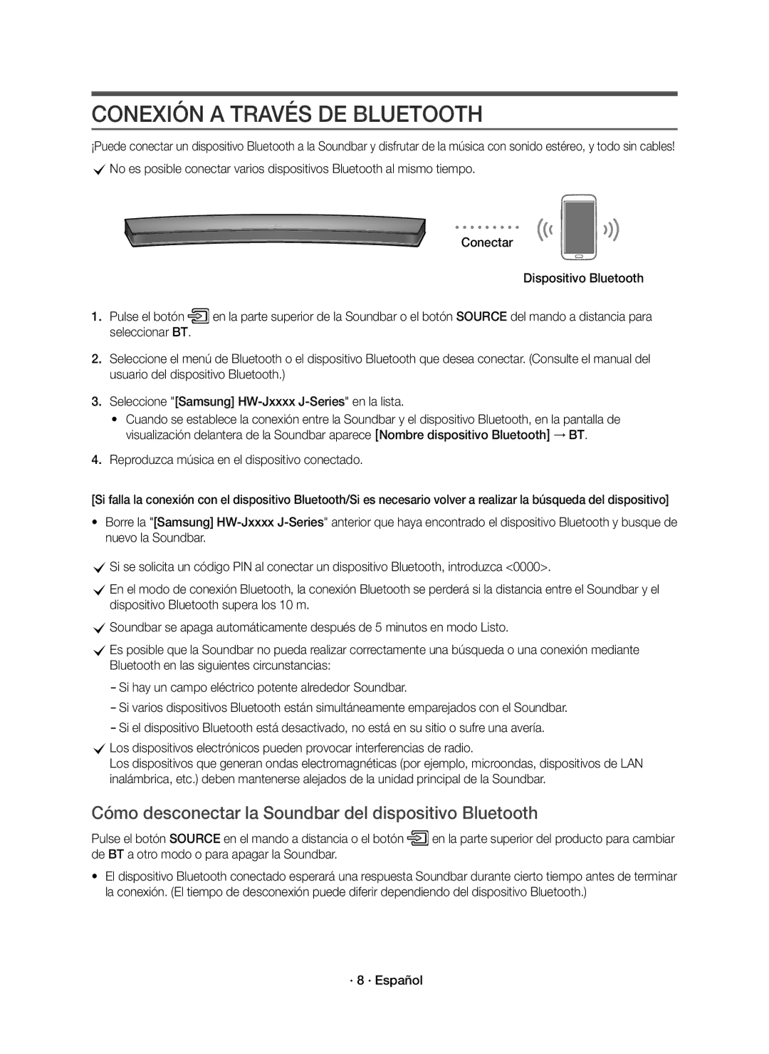 Samsung HW-J6001R/EN Conexión a Través DE Bluetooth, Cómo desconectar la Soundbar del dispositivo Bluetooth, · 8 · Español 