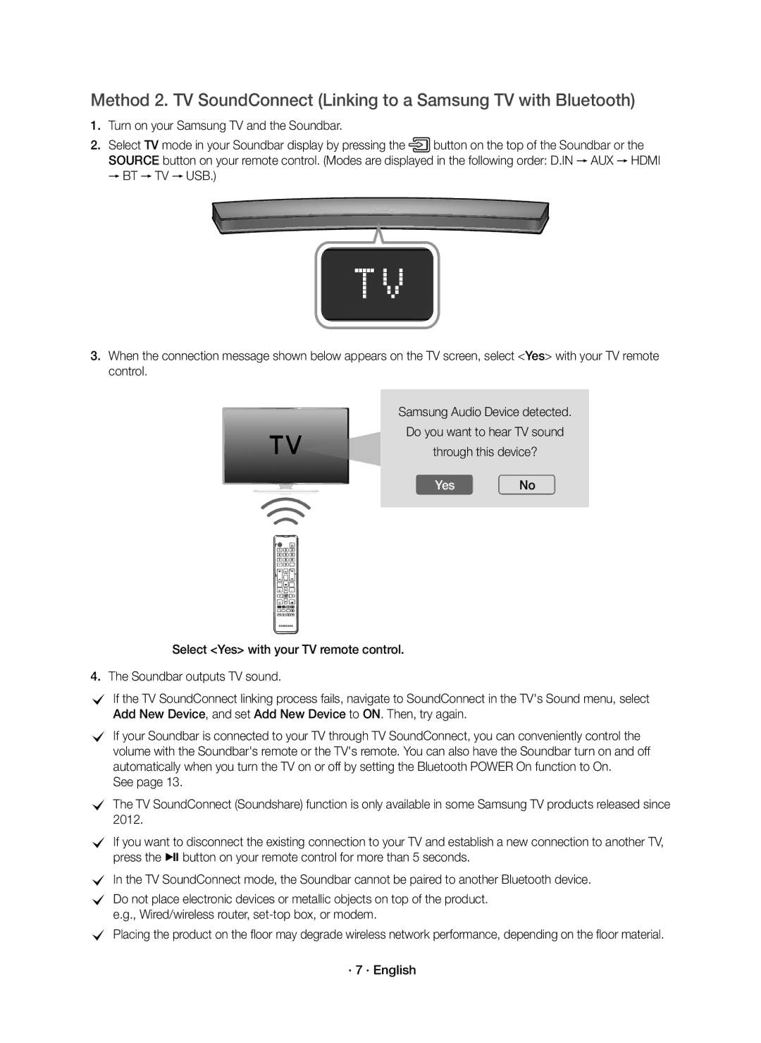 Samsung HW-J6000R/ZF, HW-J6001R/EN, HW-J6000R/EN, HW-J6001R/ZF manual YesNo, · 7 · English 