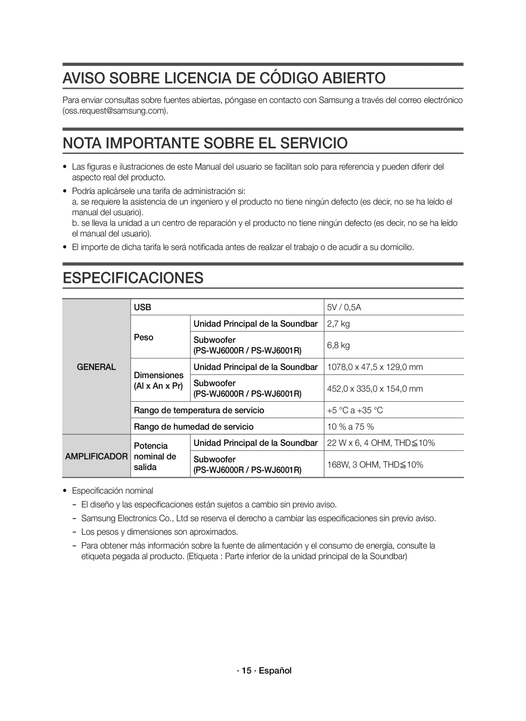 Samsung HW-J6000R/ZF manual Aviso Sobre Licencia DE Código Abierto, Nota Importante Sobre EL Servicio, Especificaciones 